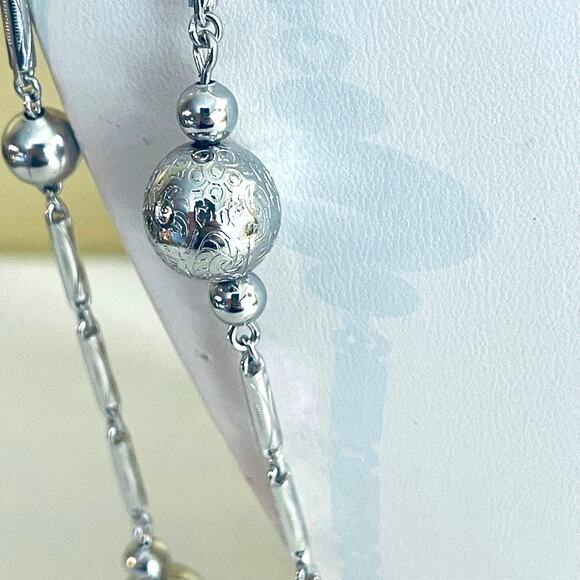 Vintage Silver Tone Bead Ball Link Long / Layered Chain Necklace, Sphere Fashion - Picture 3 of 12
